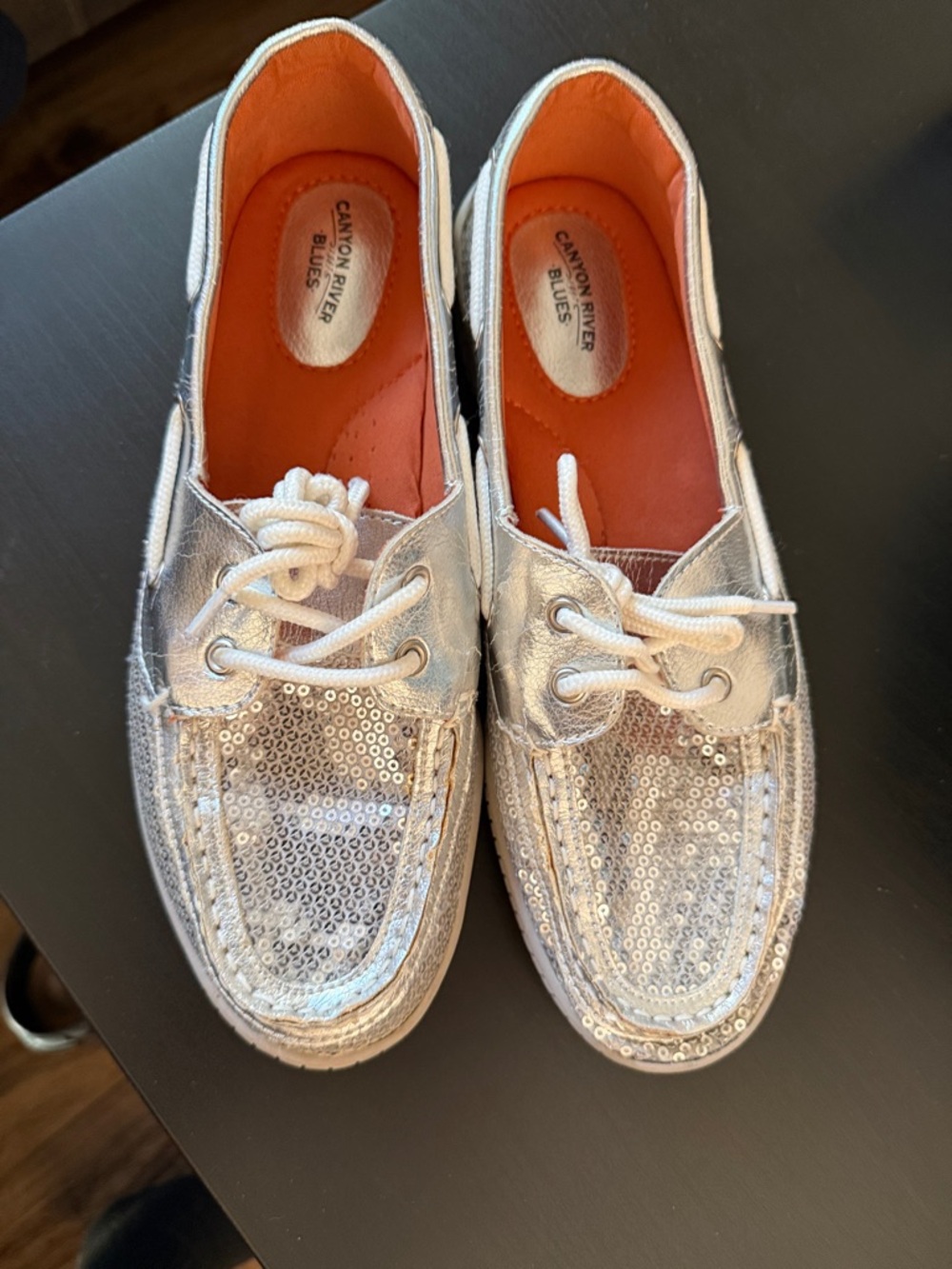 Canyon River Blues Silver Sequin Boat Shoes with Orange Insoles
